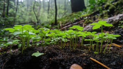Fototapete - Lush green clovers growing on moist forest floor with a blurred woodland background and soft natural light Copy Space