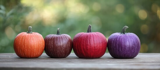 Aufkleber - Colorful assorted pumpkins lined up on a table with a blurred green background Copy Space