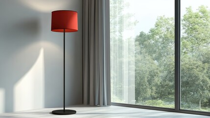 Poster - Modern interior with a black floor lamp featuring a red shade beside a large window with a view of greenery Copy Space