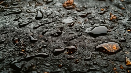 Leinwandbilder - Textured surface with droplets of water or oil reflecting light on a dark background Copy Space