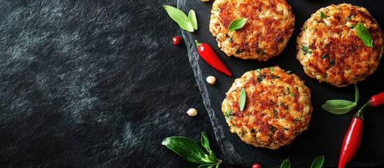 Poster - Delicious homemade fish cakes with herbs and spices served on a dark slate platter with chili peppers and fresh greens Copy Space