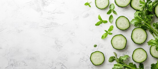 Poster - Fresh cucumber slices and green herbs on a textured white background with copy space for text