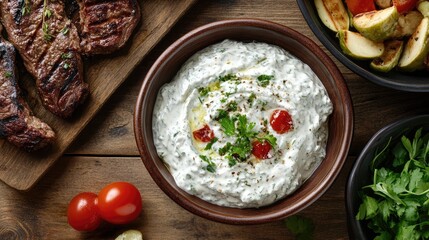 Poster - Delicious homemade yogurt dip with fresh herbs, tomatoes, and grilled steak served on rustic wooden table with copy space