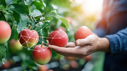 Leinwandbilder - Smart fruit orchard with IoT sensors, showcasing ripe apples and technology. image captures blend of agriculture and innovation, highlighting modern farming practices
