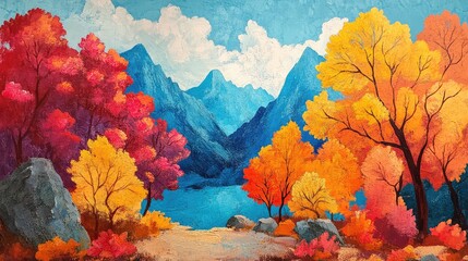 Aufkleber - Autumn landscape with colorful trees by a lake surrounded by mountains under a bright blue sky with Copy Space for text