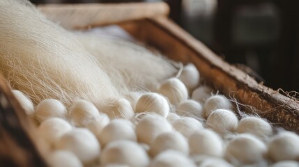 Poster - Silk cocoons and fibers in a rustic wooden tray with natural lighting and textured background Copy Space