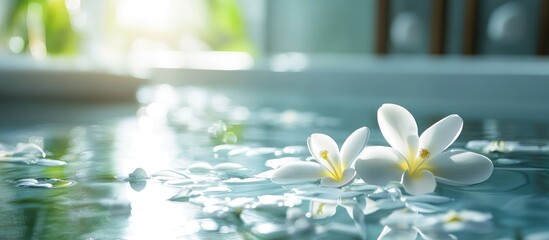 Poster - Water surface with floating white flowers and light reflections in a spa setting with Copy Space