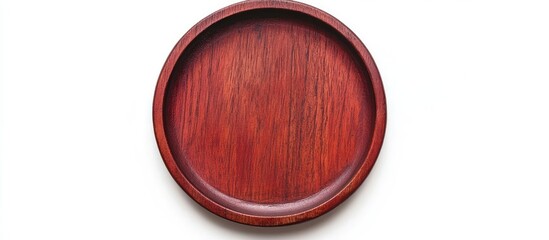 Leinwandbilder - Round wooden tray with a polished finish and deep reddish-brown color on a white background with ample Copy Space