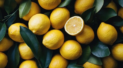 Poster - Fresh lemons with green leaves, top view, one lemon cut in half, yellow citrus fruit arrangement, Copy Space available.