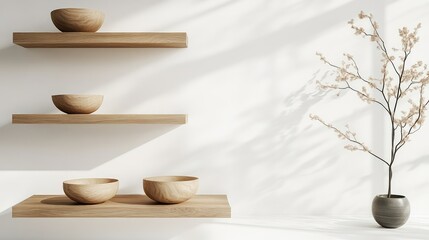 Poster - Minimalist interior with wooden shelves holding bowls and a decorative vase with branches on a light wall, featuring Copy Space.