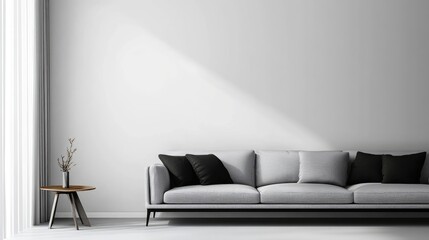 Poster - Modern minimalist living room interior with gray sofa, black cushions, and wooden side table against white wall, Copy Space available
