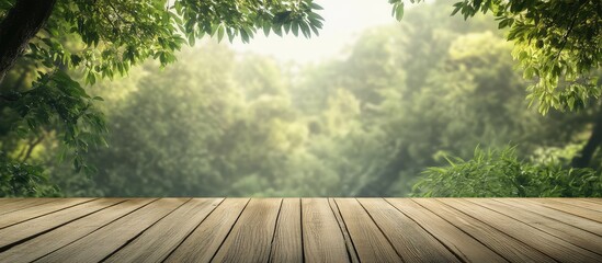 Poster - Wooden Tabletop with Lush Green Forest Background and Copy Space for Text
