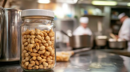 Poster - Glass jar filled with peanuts placed on a kitchen counter with chefs cooking in the blurred background Copy Space