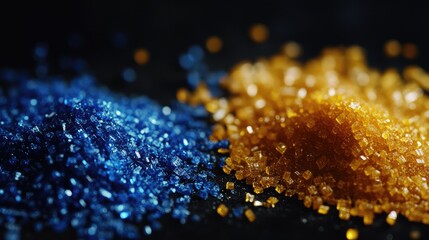 Aufkleber - Colored sugar crystals in blue and orange on a dark background with Copy Space for text placement.