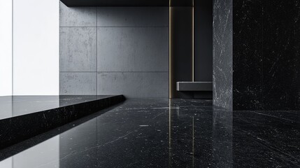 Aufkleber - Modern minimalist interior with dark marble flooring and textured walls, featuring clean lines and contemporary lighting, Copy Space available.