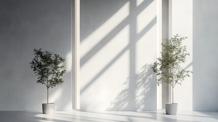 Poster - Minimalist interior with two potted trees and natural light casting shadows on a plain wall Copy Space