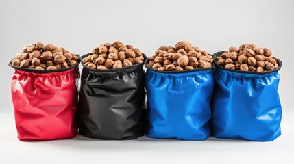 Poster - Collection of four bags in red, black, and blue filled with walnuts on a light background with Copy Space for text placement
