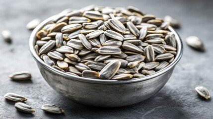 Wall Mural - Sunflower seeds in a metal bowl on a dark stone surface with scattered seeds around, Copy Space