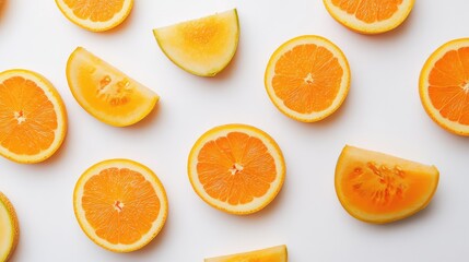 Poster - Sliced oranges and lemons arranged on white background with copy space for text placement