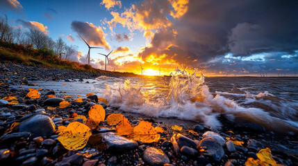 Aufkleber - stunning coastal scene featuring crashing waves and vibrant autumn leaves on shore, with wind turbines silhouetted against dramatic sunset sky