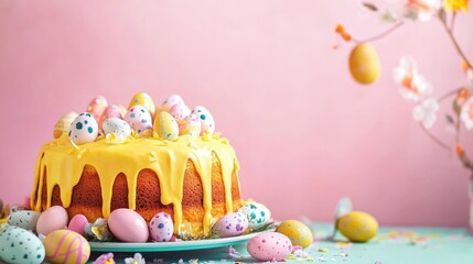 Aufkleber - Easter themed cake with pastel colored eggs on a light pink background featuring flowers and vibrant decorations Copy Space