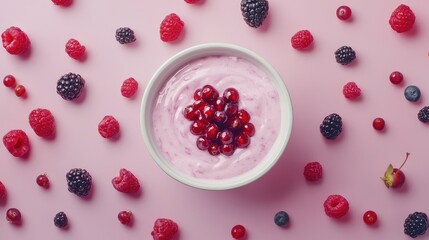 Poster - Fruit yogurt bowl surrounded by assorted berries on a pink background with copy space for food-related text or branding