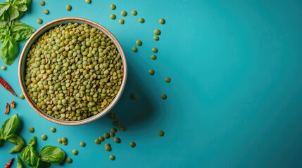 Poster - Bowl of green lentils with fresh basil leaves and dried chili peppers on teal background Copy Space