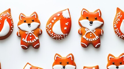 Poster - Fox-shaped gingerbread cookies with decorative icing arranged on a white background with Copy Space for text placement.