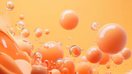 Fototapete - Abstract orange bubbles and spheres floating against a soft orange background with copy space for text.
