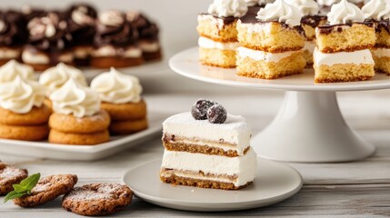 Poster - Delicious assortment of desserts including cake slices, cream puffs, and cookies on white plates with copy space for text