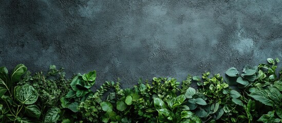 Fototapete - Green foliage against a textured dark background with ample Copy Space for text placement.