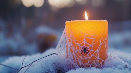 Poster - Candle with Spider Web and Spider on Snowy Ground in Soft Natural Light with Copy Space