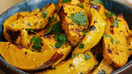 Aufkleber - Grilled pumpkin wedges garnished with fresh cilantro in a blue bowl with Copy Space
