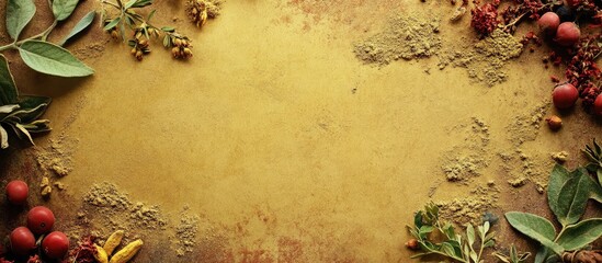 Aufkleber - Herbs and spices arrangement on rustic wooden surface with copy space for text or recipe details