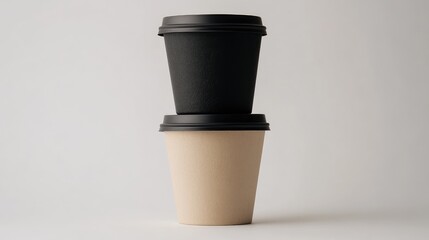 Aufkleber - Stacked paper coffee cups with black and kraft finishes on a neutral background with copy space.
