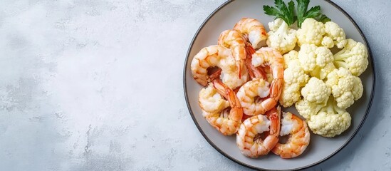 Poster - Cooked shrimp served with cauliflower on a grey plate with a green leafy garnish and Copy Space for text