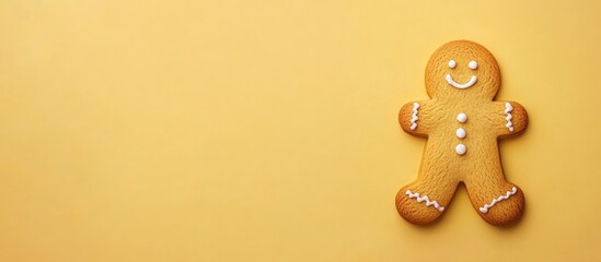 Poster - Gingerbread man cookie with icing decoration on yellow background with copy space for text
