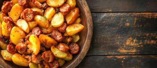 Poster - Plate of roasted potatoes and sausage on wooden table with Copy Space for text