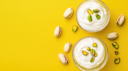 Poster - Two glass bowls of yogurt topped with pistachios on a vibrant yellow background with scattered pistachios and ample copy space.