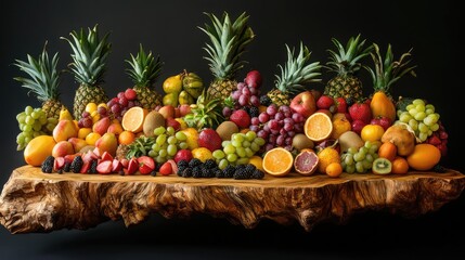 Aufkleber - Colorful assortment of fresh fruits including pineapples, grapes, and berries arranged on wooden surface with black background Copy Space