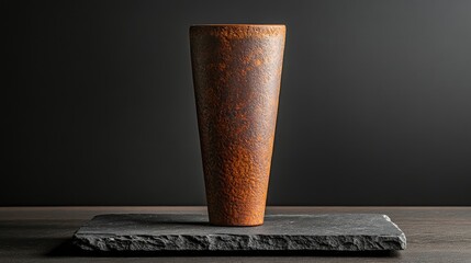 Poster - Rustic ceramic vase on a dark slate base with dramatic lighting and copy space for text creation.