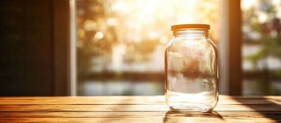 Aufkleber - Glass jar on wooden table with sunlight and blurred background Copy Space