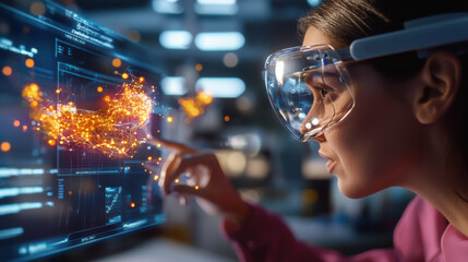 Leinwandbilder - Advanced wearable biotech devices enhance user interaction with digital interfaces, showcasing innovation and technology in modern workspace