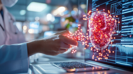 Aufkleber - Medical professional interacting with digital brain model, showcasing advanced technology in healthcare. scene highlights innovation and future of medicine