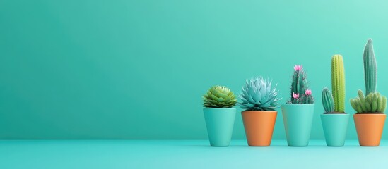 Poster - Colorful succulents and cacti in modern pots on bright turquoise background with copy space for text