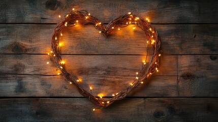 Poster - Heart-shaped wreath made of twigs adorned with warm glowing fairy lights on rustic wooden background with Copy Space.
