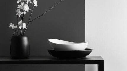 Poster - Modern minimalist still life with black and white bowl and vase on sleek table against contrasting wall with copy space