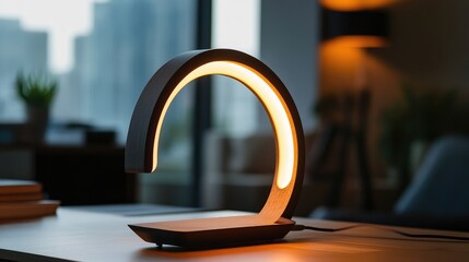 Poster - Modern desk lamp with curved design emitting warm light on a wooden surface with blurred office background and copy space