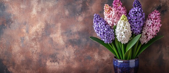 Aufkleber - Colorful bouquet of hyacinth flowers in a blue vase against a textured brown background with Copy Space for text insertion.