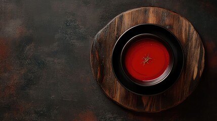 Aufkleber - Red soup served in a black bowl on a wooden serving board with a rustic dark background Copy Space